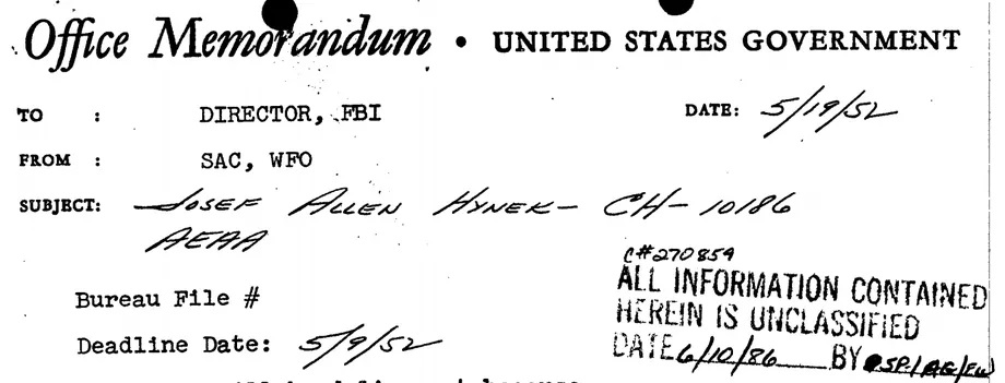 Arquivos do FBI: Dr. J. Allen Hynek escreveu sobre o "fenômeno OVNI" para o FBI