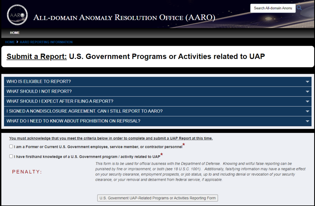 Departamento de Defesa dos EUA lança portal de relatórios de OVNIs